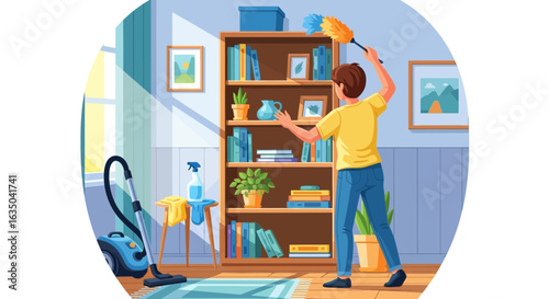 Man Dusting Bookshelf In A Cleaned Bright Room With Vacuums
