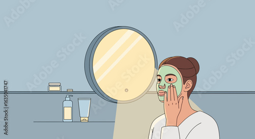 Woman Applying Facial Mask In The Bathroom At Home Illustration