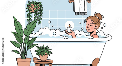 Relaxing Woman Enjoying Bubble Bath With Candle and Plants Illustration