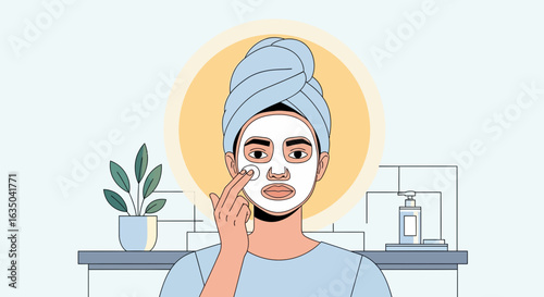 Woman Applies Facial Mask in Bathroom During Her Skincare Routine