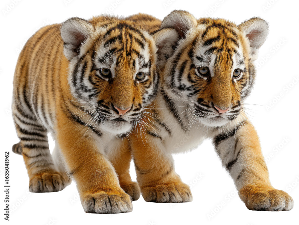 Obraz premium Tiger Cubs Duo: Captivating duo of adorable tiger cubs showcasing their striking orange and black striped coats, embodying the wild essence and innocent charm of the jungle. 