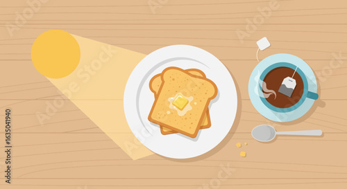 Breakfast Still Life Showing Toast with Butter and Hot Tea