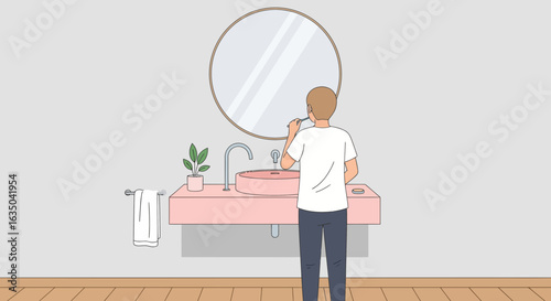 Morning Hygiene Man Brushing Teeth In Minimalist Bathroom Illustration