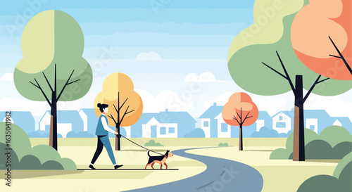 Woman Walking Her Dog In a Park With Houses In The Background