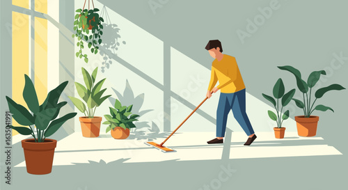Man Mops the Floor in a Room Full of Potted Plants at Home