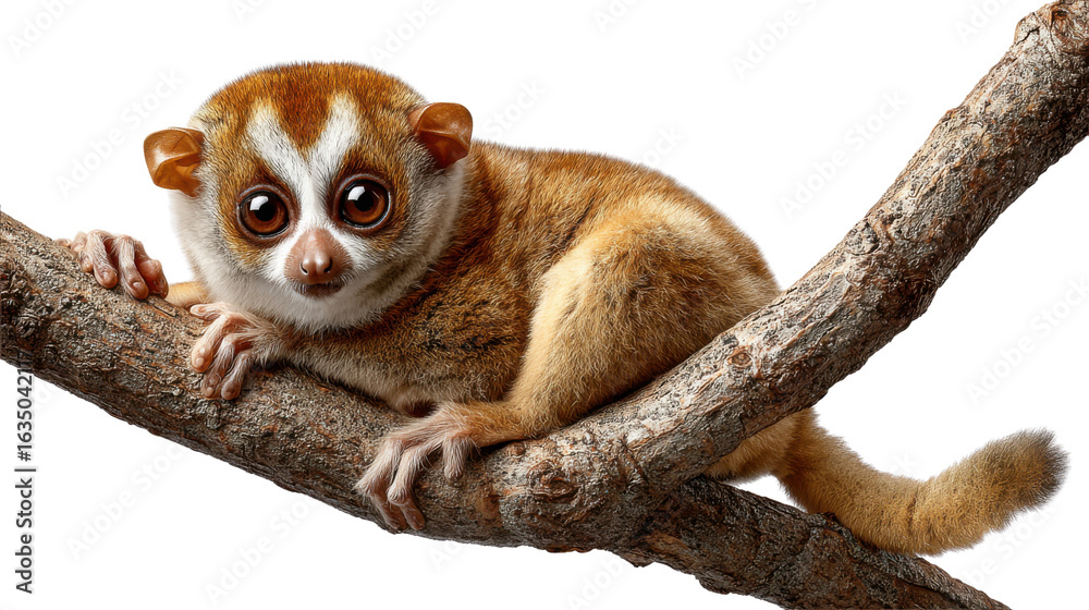 Fototapeta premium Adorable Slow Loris on Branch: Captured in stunning detail, this image showcases a captivating slow loris perched upon a sturdy tree branch, its captivating eyes staring directly at the viewer.