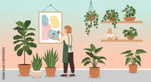 Person Decorating Home With Plants And Hanging Abstract Art On Wall