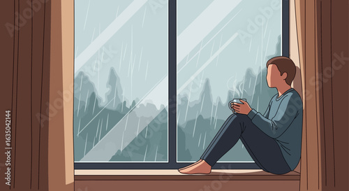 Daydreaming Man Enjoying Coffee While Watching Rain From the Window