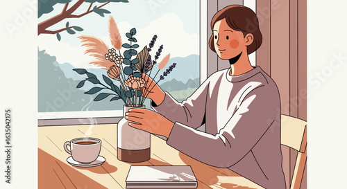 Young Woman Arranging Flowers At Home On A Cozy Day