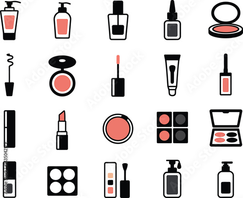 Collection of beauty and cosmetic products in vector style showing various skincare and makeup essentials for women