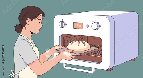 Woman Bakes Bread In Oven Homemade Pastry Enjoying Hobby