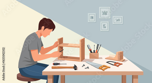 Man Assembling Wooden Shelf At Home Workshop Vector Illustration