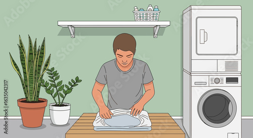 Man Folding Laundry In Bright Modern Laundry Room With Indoor Plants