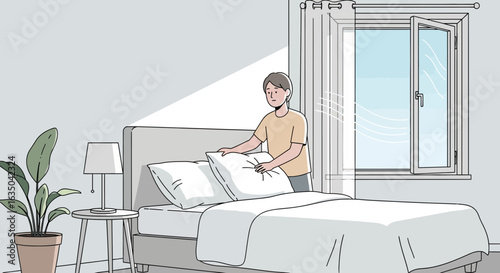 Person Making Bed In Minimalist Bedroom With Fresh Air Flowing