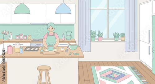 Woman Baking In A Light And Airy Kitchen With Modern Pastel Colors