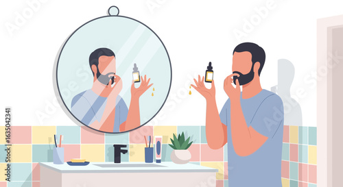 Man Applying Beard Oil at Home in Bathroom Mirror Reflection