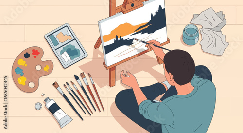 Creative Hobby Of Painting At Home Using Canvas And Palette