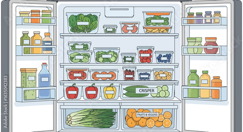 Organized Refrigerator Full Of Healthy Fruits Vegetables And Food