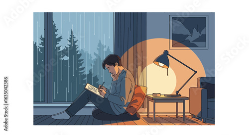 Creative Artist Drawing Inside Home With Rainy Weather In The Background