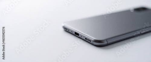 Metallic smartphone resting on a pristine white绒布背景，产品置于中央，周围辅以柔光 LED 灯带环绕，模拟均匀散射光照明。光线柔和，突出产品质感。背景深色且与产品形成良好对比。Shot with 105mm macro lens at f/11 for precise focus and even lighting, shallow depth of