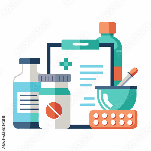 Minimalist Pharmacy Counter with Medicine Bottles and Mortar Pestle