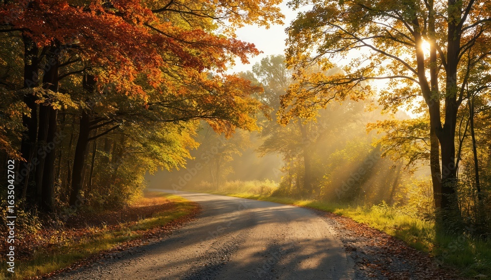 Obraz premium Autumn road journey with trees transitioning colors from green to warm hues. Golden sunlight streams through branches creating dappled shadows on path. Serene scene perfect for travel, nature,