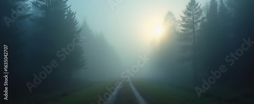 Misty landscape with dense fog covering a winding forest path, dim sunlight filtering through creating shafts of light. Shot with wide angle lens at f/16 capturing deep focus and sharp details. Soft d