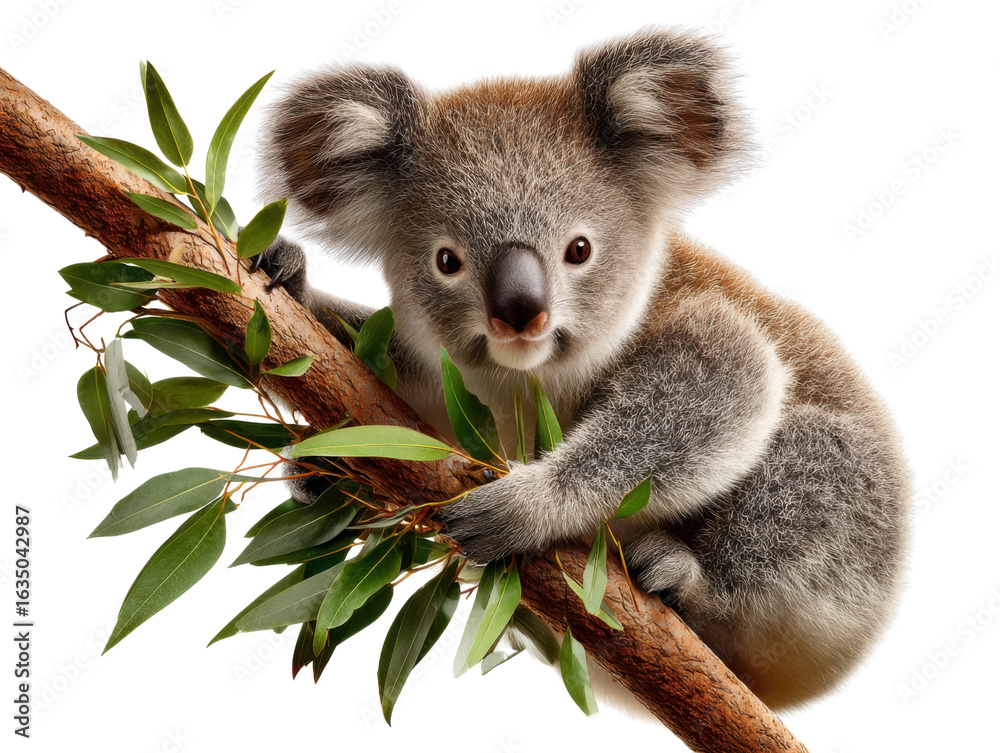 Naklejka premium Koala Embracing a Branch: This enchanting image captures a koala clinging to a tree branch with lush green foliage, radiating charm and capturing a moment of tranquil harmony in nature.