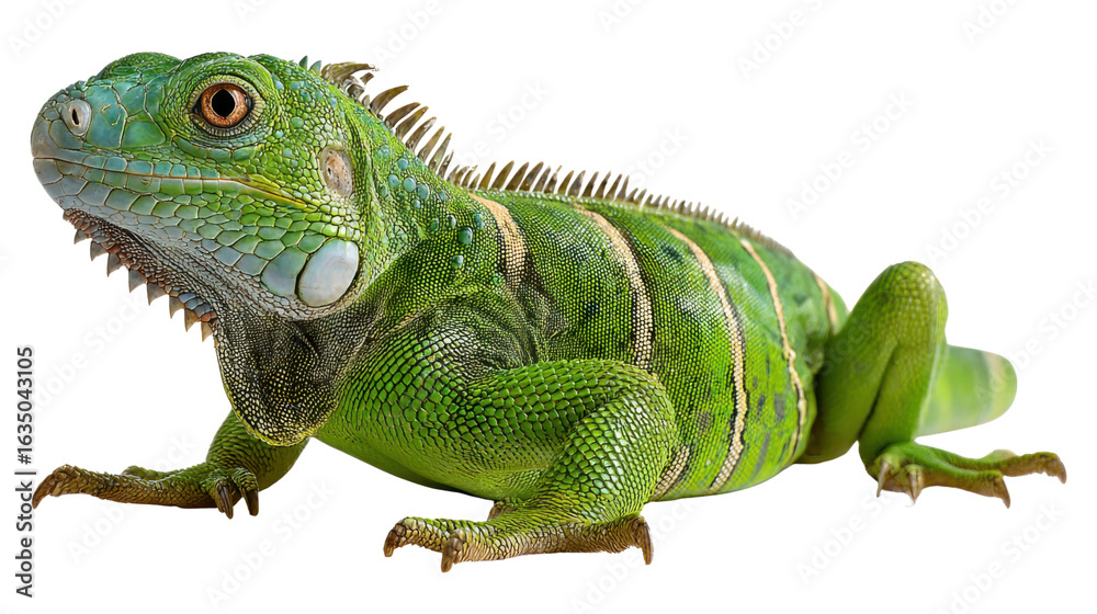 Obraz premium Lush Iguana: A vibrant green iguana is depicted, a captivating creature with textured skin and spiny dorsal scales, a symbol of reptilian elegance.