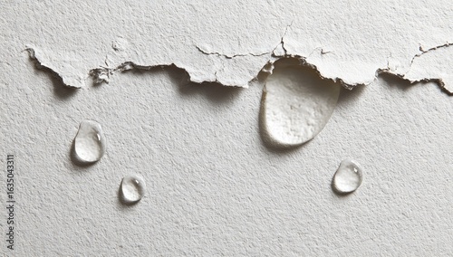 Cracked, peeling paint reveals water damage; clear droplets below the fissure on a light grey surface