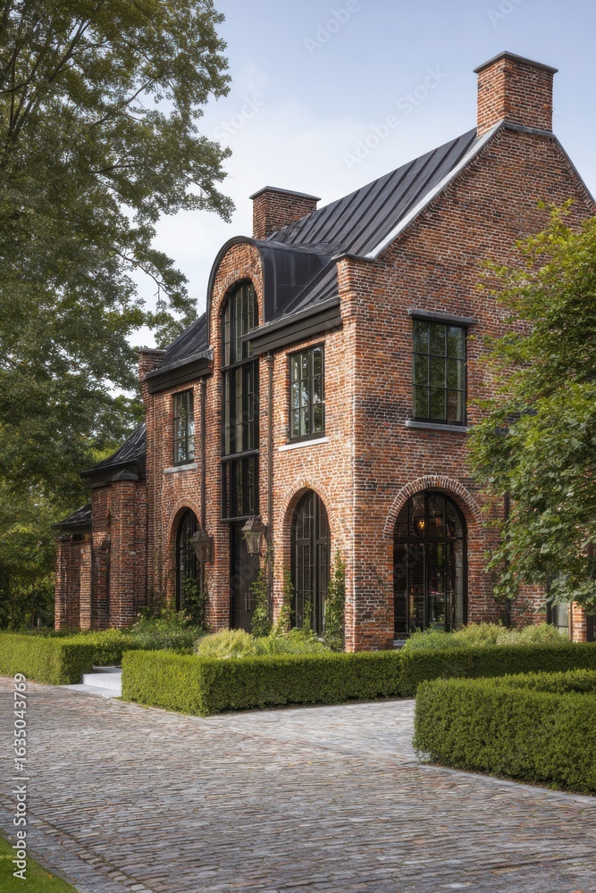 Fototapeta premium Beautiful brick house surrounded by greenery on a calm street with cobblestone driveway under a clear sky in a serene neighborhood setting