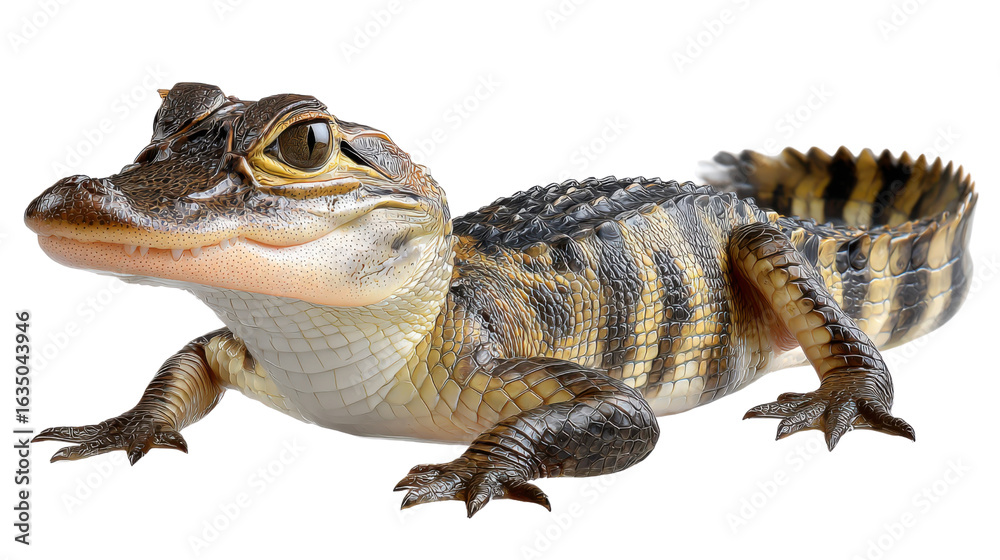 Naklejka premium Young Alligator Portrait: A captivating portrait of a young alligator, with intricate scale patterns and a determined gaze. Its vibrant colors and textured skin stand out.