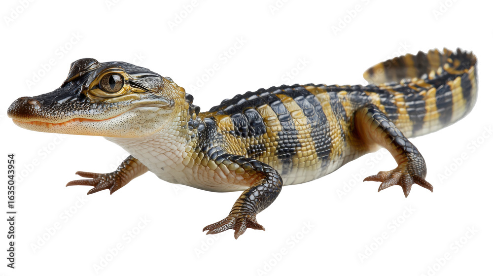 Fototapeta premium Young Alligator Portrait: A detailed close-up portrait of a juvenile alligator showcases its intricate patterns, textures, and a hint of the wild in its eye, set against a bright background.