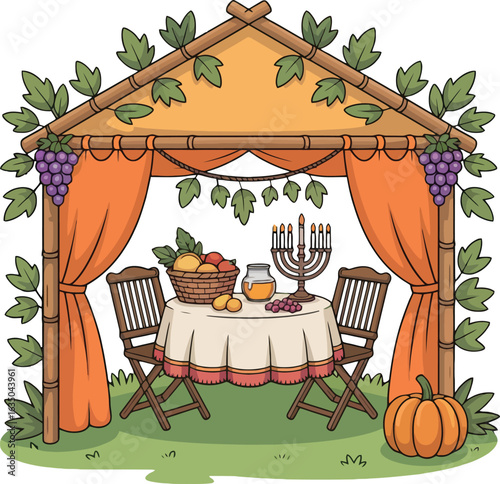 Festive Sukkah with Table, Menorah, Fruit Basket, and Pumpkin