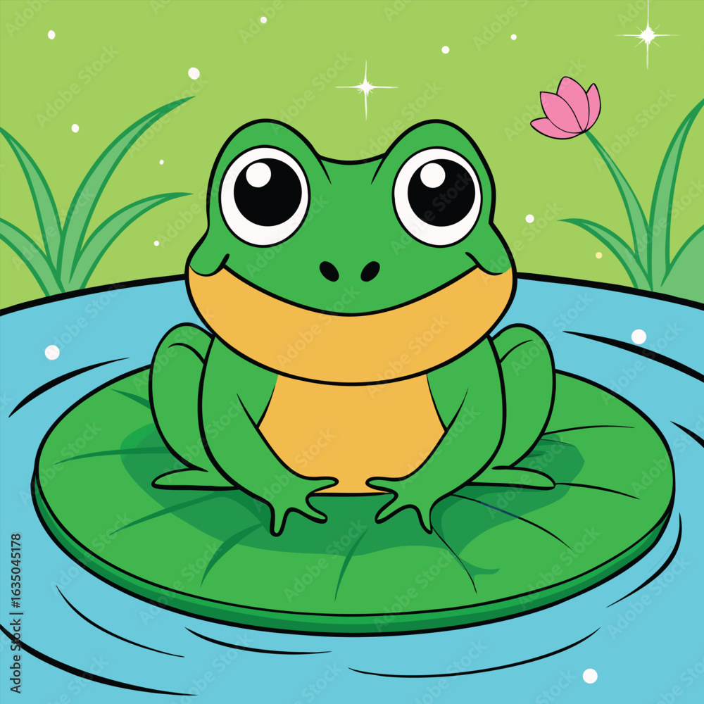 Fototapeta premium Cute cartoon frog sitting on a lily pad in a pond with a flower
