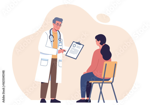 Doctor with Clipboard Consulting Patient in Medical Office Setting