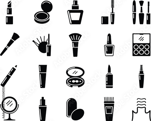 Collection of Black and White Cosmetic Product Icons Depicting Beauty and Personal Care Elements for Makeup and Styling