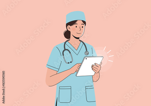 Smiling Nurse Using Tablet in Blue Scrubs and Cap with Stethoscope
