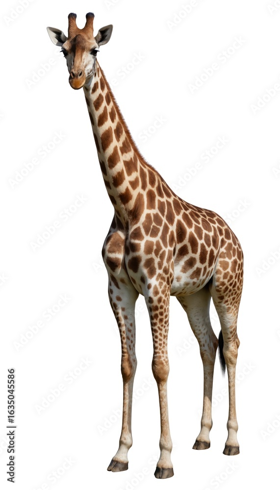 Obraz premium African giraffe stands tall on white background, displaying unique brown spot pattern. This gentle mammal with long neck and legs is herbivore, often seen in safari or zoo settings.