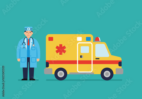 Cartoon Doctor and Yellow Ambulance Illustration on Teal Background