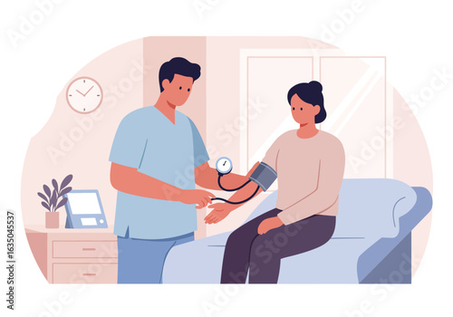 Doctor Checking Patient's Blood Pressure with Sphygmomanometer in Clinic