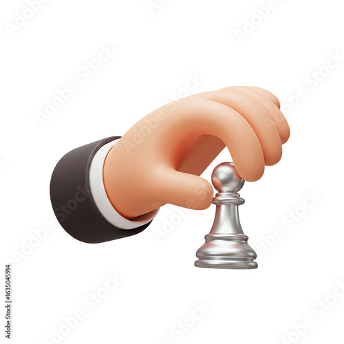3D illustration Hand holding silver pawn chess piece on Transparent Background