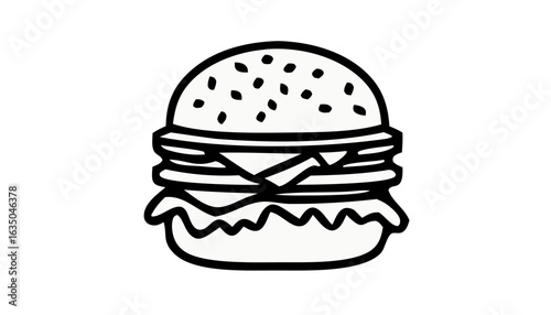 Hamburger illustration in black and white with sesame seeds  