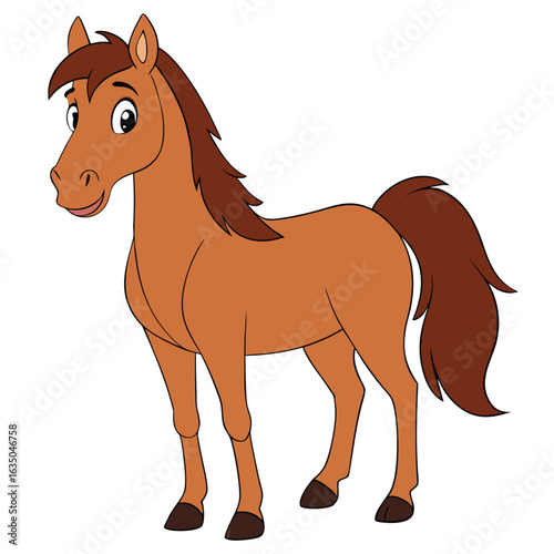 Cartoon brown horse standing isolated on white background
