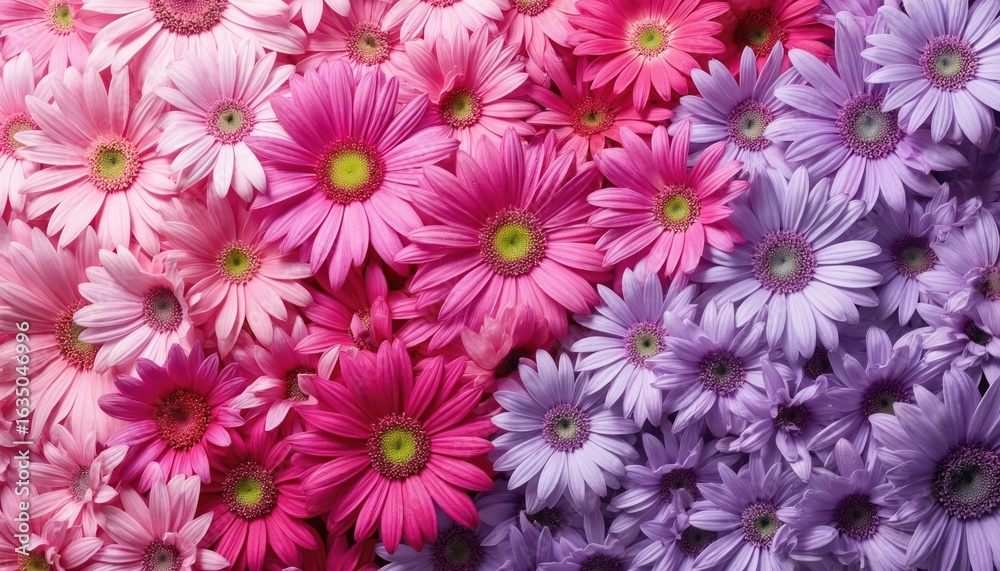 Obraz premium Bright pink, purple daisies create vibrant floral backdrop. Fresh arrangement of daisy flower petals offers cheerful spring theme. Colourful blossom background perfect for decoration, events,