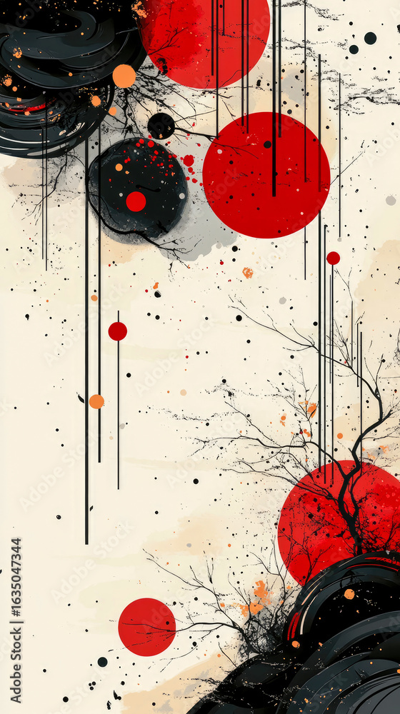 Obraz premium Contemporary Abstract Artwork in Japanese Aesthetic Featuring Bold Red Circles, Dynamic Black Swirls, Delicate Branches, and Subtle Splatter Textures on Serene Pale Background
