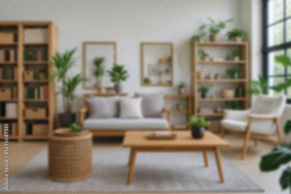 Fototapeta premium Blurred view of modern living room with sofa and soft bench. room interior with couch, armchair and coffee table or shelving units. stylish living room. comfortable workplace near big window.