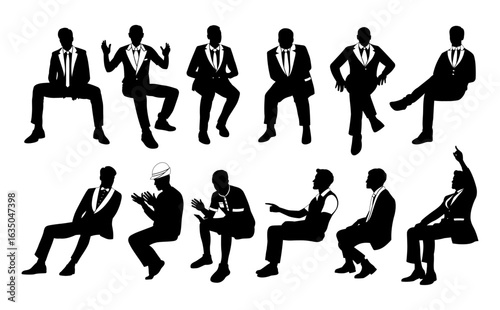 Crowd of men sitting greetings, elements of mens clothing. Book lover, patriot, democrat, boss, vegan, computer, scientist, writer