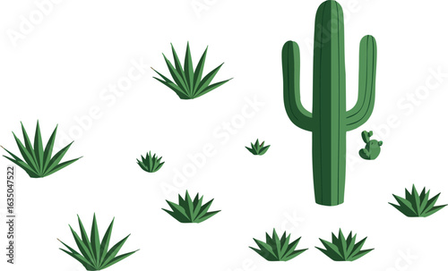 Green cactus and desert plants illustration with spiky agave leaves in vector style for nature design