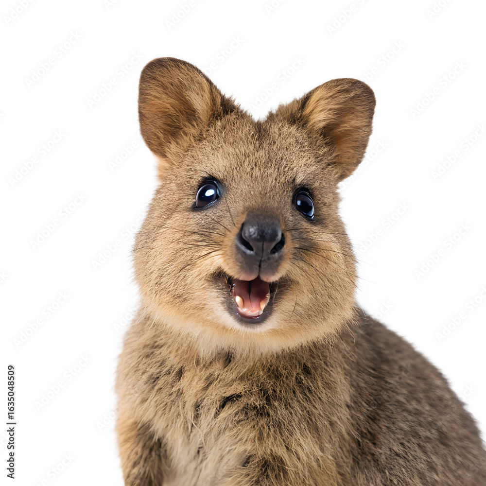 Fototapeta premium A cute and happy quokka with its mouth open, smiling at the camera, isolated on transparent background